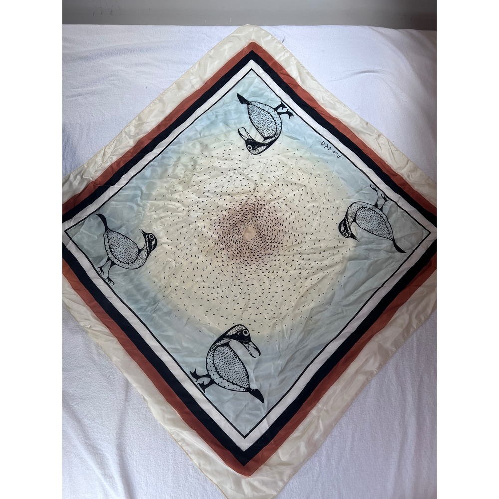 Vintage Bird Graphic Square Scarf Cream Orange Black 34.5 In. Silk Like Folk Art